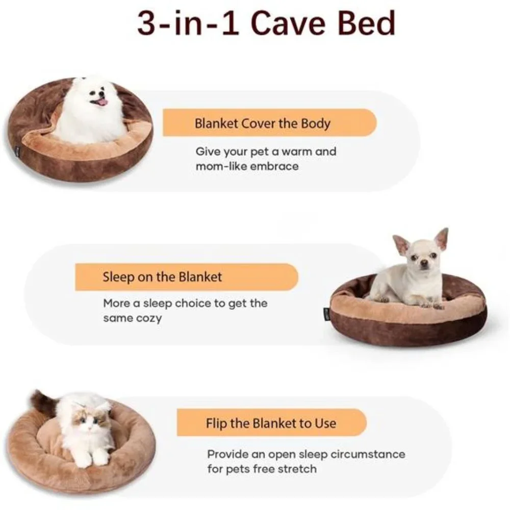 Bed with Cover Cozy Soft Cat Bed Washable Warming Calming Pet Round Bed (Medium)
